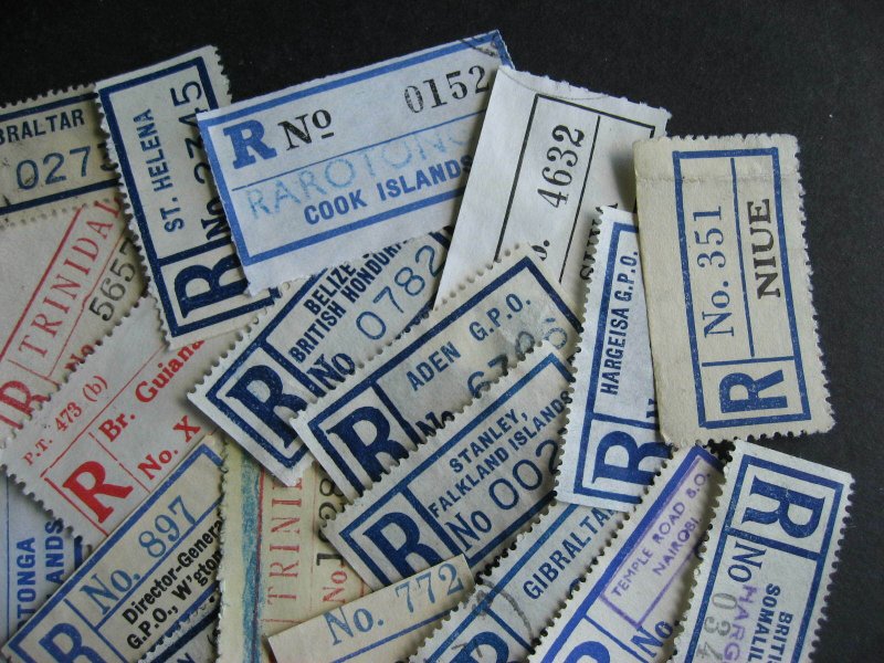 Registration labels, mostly Commonwealth Islands etc, 30 different!