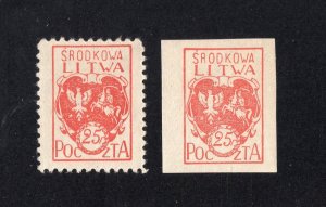 Central Lithuania 1920 25f red Arms, Scott 1 MH, perf. & imperf., value = 80c