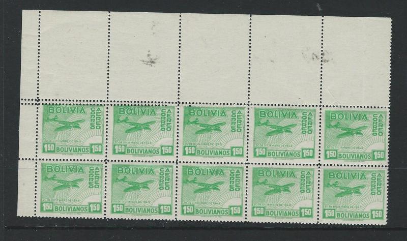 BOLIVIA (P2701B) SC C98A   BL OF 10  DOUBLE PERF   MNH FOR EXHIBITION!!