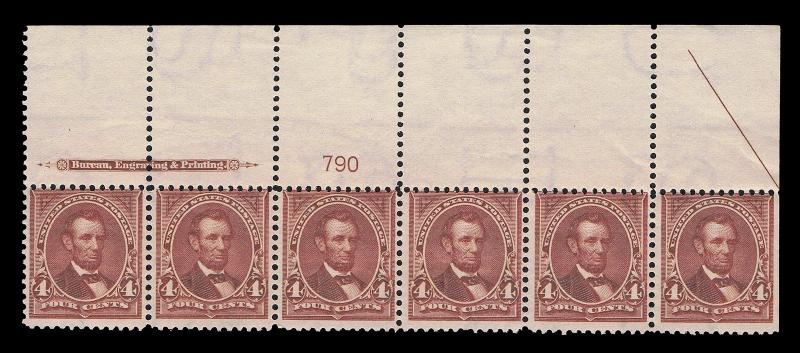 GENUINE SCOTT #280 MINT OG NH BEP IMPRINT PLATE #790 WIDE TOP STRIP 6 - SCV $650