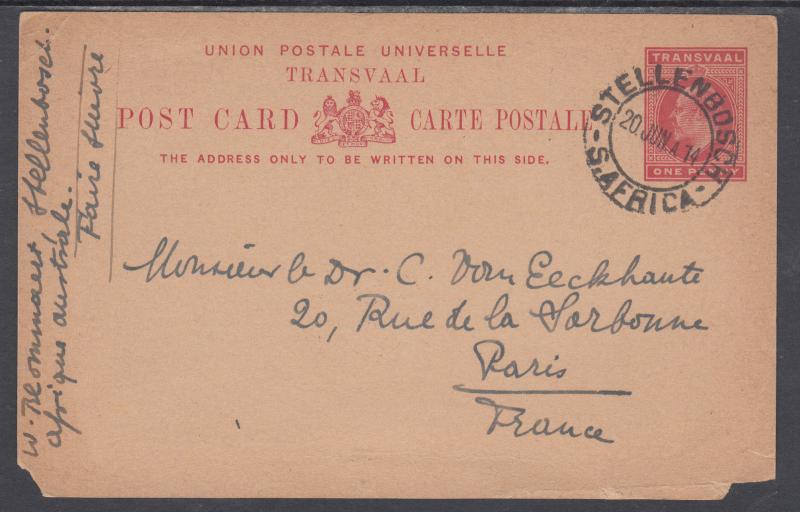 Transvaal H&G 12 used 1902 1p Postal Card, Stellenbosch to Paris