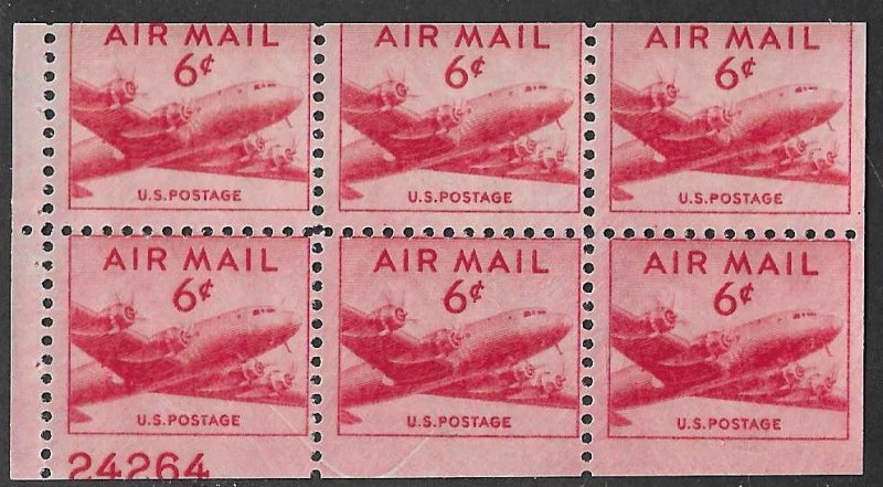 US Sc #C39a  6c booklet pane of 6c with plate # NH VF