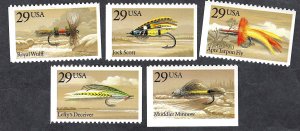 United States #2545-49 29¢ Fishing Flies (1991). Five singles from booklet. MNH