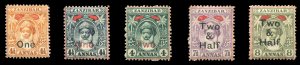 Zanzibar #94-98 (SG 205-209) Cat£60, 1904 Surcharges, hinge remnant, some toning