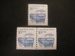 Transportation Coils III, Scott 2257c, 10c Canal Boat, Pair & single, MNH LG gum