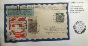 1934 Songea Tanganyika First Flight Airmail FFC Cover To Dar Es Salaam