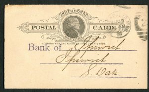 1891 Minneapolis MN to Ipswich SD Postal Card National Bank of Commerce Banking