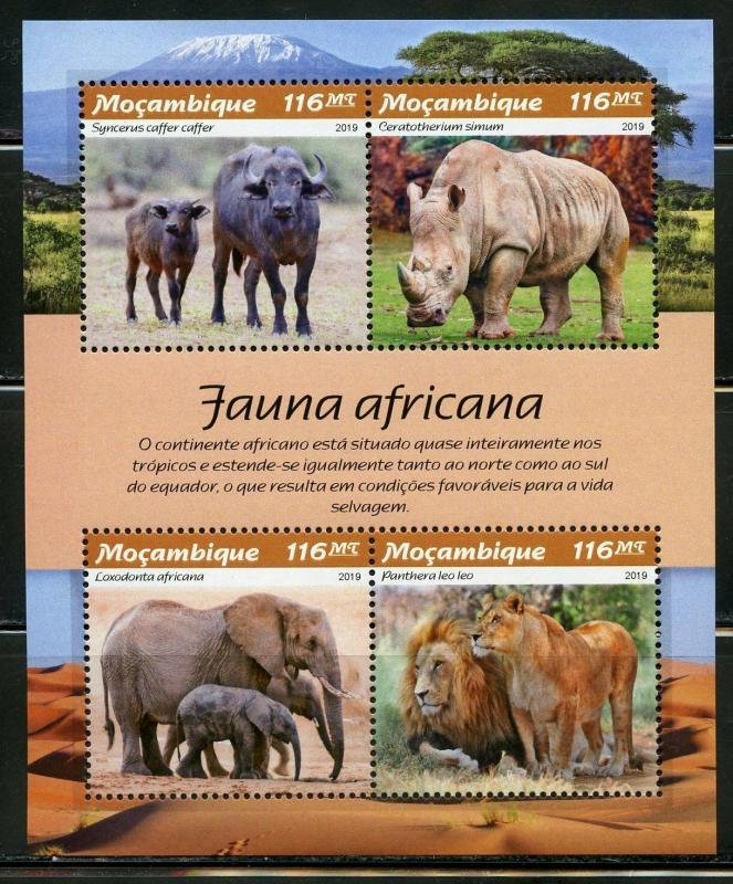 MOZAMBIQUE  2019 FAUNA OF AFRICA LIONS, ELEPHANT, RHINO, BUFFALO  SHEET MINT NH