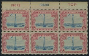 USA C11 - Plate Block of 6 with 2 #'s and Red TOP - F/VF Mint hinged