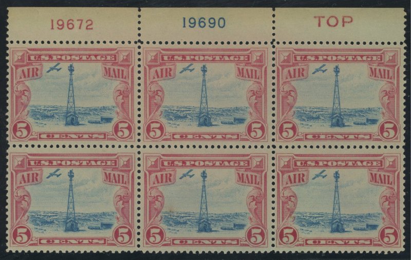 USA C11 - Plate Block of 6 with 2 #'s and Red TOP - F/VF Mint hinged