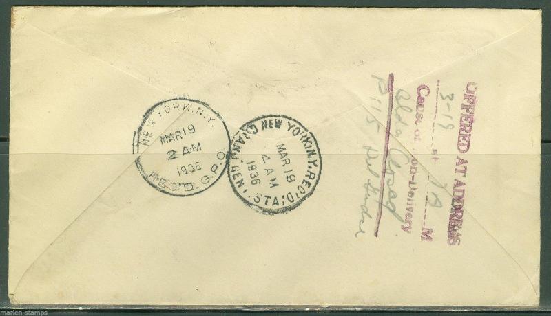 UNITED STATES WILLIAM MARY HOTEL SPECIAL DELIVERY  COVER 3/18/36  TO  NYC