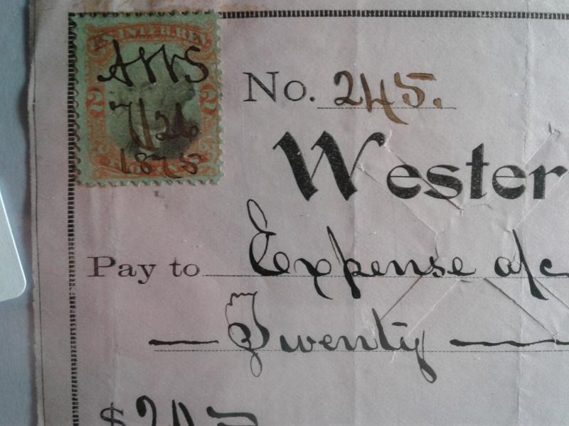 SCOTT # R35 USED INTERNAL REVENUE STAMP CHECK WESTERN NATIONAL BANK 1875