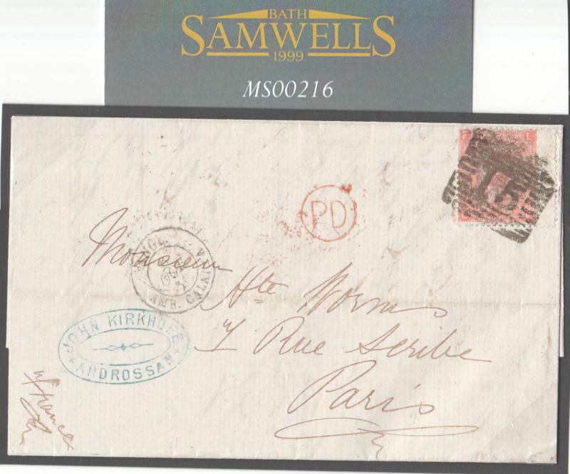 MS216 1866 GB SCOTLAND *Ardrossan* Numeral *15* Ayrshire 4d Rate Cover France