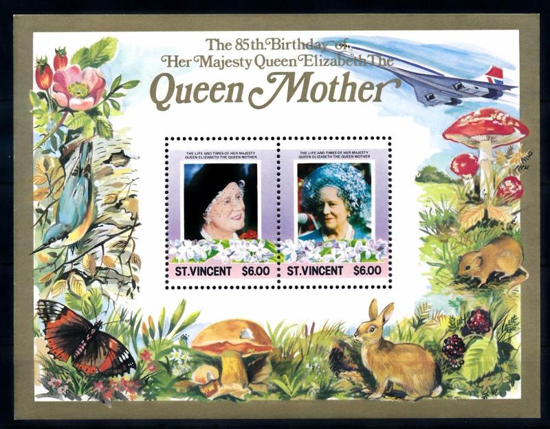 [71225] St. Vincent 1985 Queen Mother Butterfly Mushrooms Sheet MNH