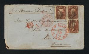 SCOTT #75 (3) TIED TO OVER PAID RATE COVER STEAMER SCOTIA TO FRANCE PSE CERT