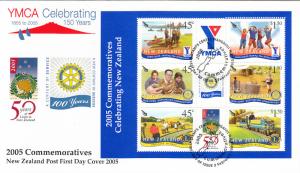 New Zealand 2005 FDC Scott #2002b  Sheet of 3 pairs plus label YMCA, Rotary, ...