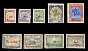 Greenland #10-18 Cat$325, 1945 1945 1o-5k, complete set, never hinged