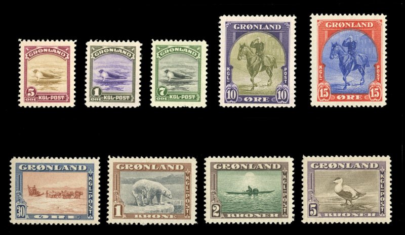 Greenland #10-18 Cat$325, 1945 1945 1o-5k, complete set, never hinged