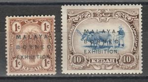 KEDAH 1922 MALAYA BORNEO OVERPRINTED RICE SHEAF 1C & OX 10C 