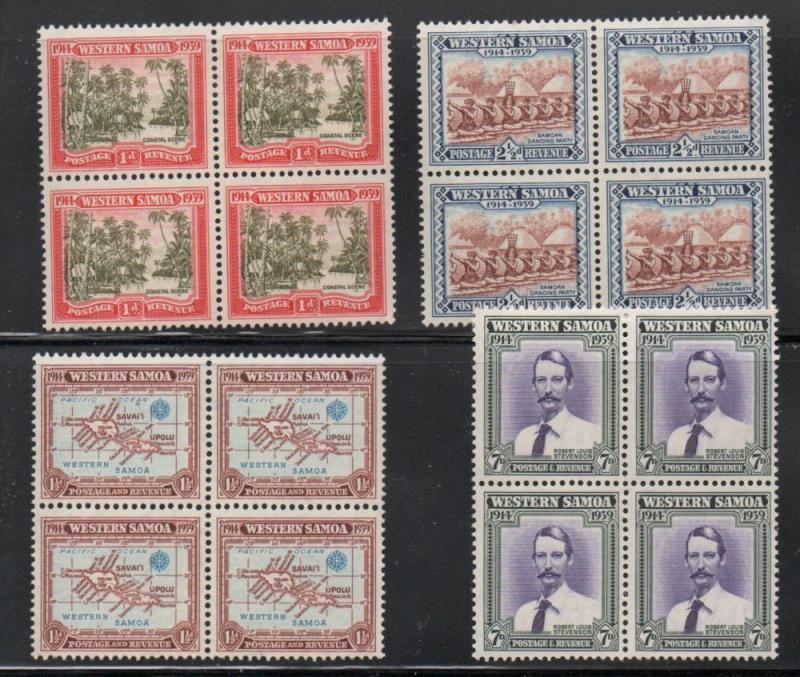 Samoa Sc 181-84 1939 N.Z control stamp set blocks of 4 mint NH