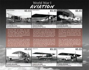 UNION ISLAND 2015 - WORLD WAR I - AVIATION SHEET OF 6 STAMPS MNH