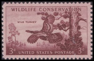 US 1077 Wildlife Conservation Wild Turkey 3c single MNH 1956