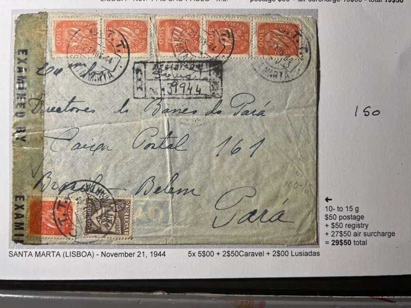 1944 Registered Portugal Airmail Cover Santa Marta to Para