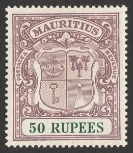 MAURITIUS 1921 Arms 50R dull purple & green. Rare. 