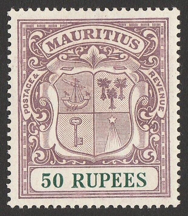 MAURITIUS 1921 Arms 50R dull purple & green. Rare. 