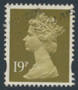 GB  Machin 19p SG Y1682  Used  Yellow band SC# MH208  see scans & details