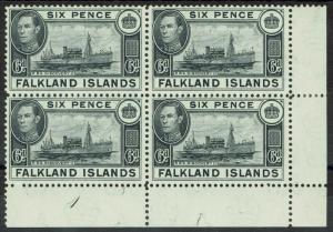 FALKLAND ISLANDS 1938 KGVI SHIP 6D PLATE 1 BLOCK STAMPS MNH **