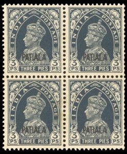 Indian States - Patiala #98 Cat$46+, 1942 3p slate, block of four, never hing...