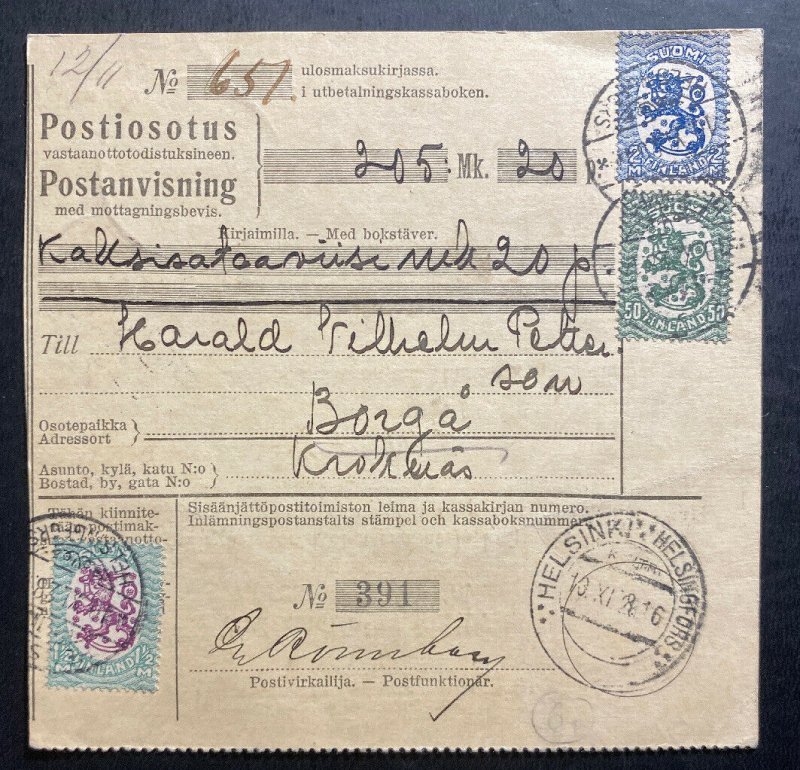 1928 Helsinki Finland Parcel Receipt Cover To Borga