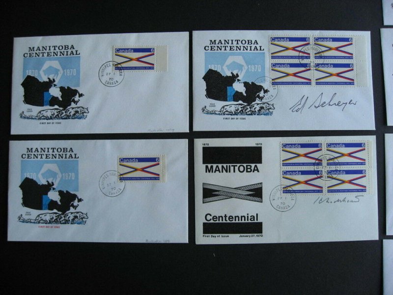 Bileski CANADA 12 Manitoba Centennial covers,1 signed by Premier,1 by Designer 