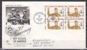 United States, Scott cat. 1145. Boy Scouts Anniv. Blk/4. First day.Cover. ^