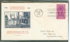 US 854 1939 3c Washington's Ignauguration anniv on an addressed (typed) FDC with a Grandy cachet