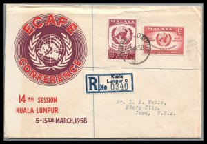 Malaya 1958 Registered Cover ECAFE Conference To Story City Iowa Via Singapore