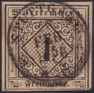 Wurttemberg 1851 Sc 1 used Stuggart cancel