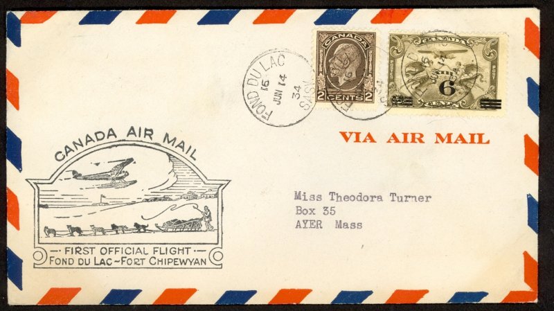 CANADA 1934 First Flight Cachet Cover FORT DU LAC to FORT CHIPEWYAN Sc 196, C3