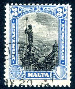 MALTA -1926-27 3/- Black & Blue Sg 170 FINE USED  V18848