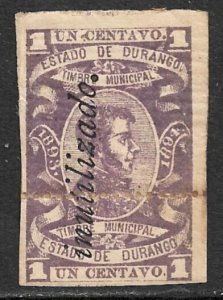 MEXICO 1893-94 1c DURANGO Municipal Revenue w Inutilizado Ovpt DU71A Used