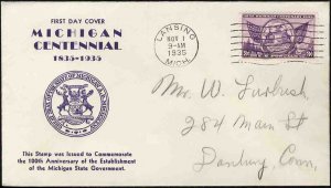 United States First Day Covers #775-13, 1935 3c Michigan Centenary, Kapner ca...