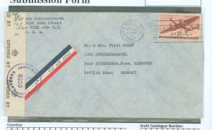 US C28 15c Airmail, New York, April 30. 1947 to British Zone in Germany.  Small reduction at Right.