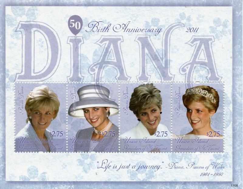 Union Island Grenadines St Vincent Royalty Stamps 2011 MNH Princess Diana 4v M/S