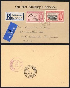 Turks and Caicos KGVI 4d and 1/6 OHMS Registered Cover to US via Jamaica