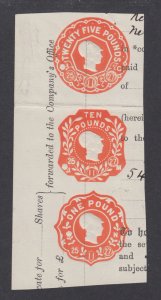 Great Britain, 1911 £25, £10, £1 orange Embossed Revenues, strip of 3, F-VF.