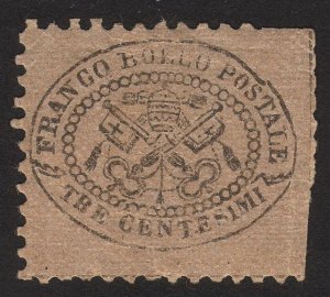 1868 italian Papal Roman States Italy 3c, MNG, Mi 20, Sc 20a, Reddish paper