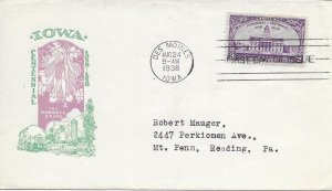 1938 FDC, #838, 3c Iowa Territorial 100th, Ioor #2