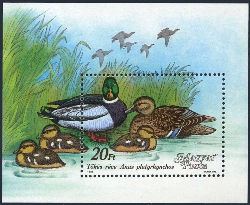Hungary 3141, MNH. Michel 3977 Bl.199. Ducks 1988. Anas platyrhynchos.