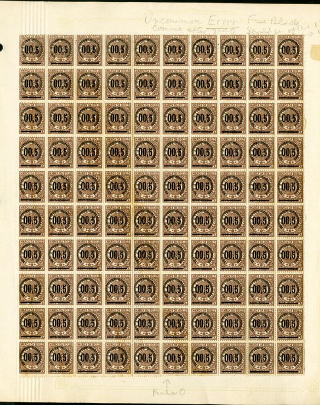 Italy Stamps Revenue mint sheet of 100x Fresh w/ 00.5 black ovprt